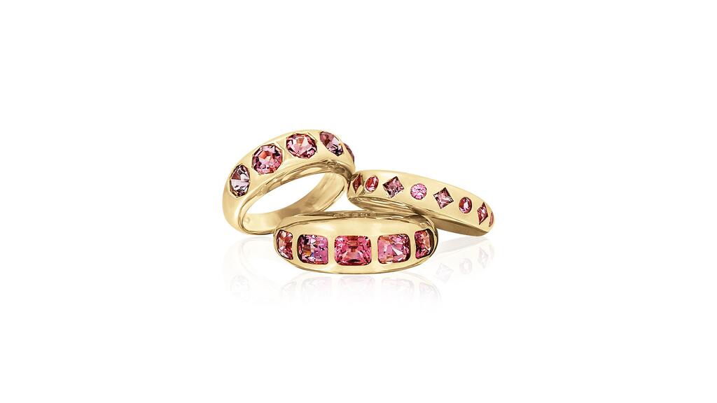 Claudia Mae’s “Skinny” and “Classic Nomad” rings with spinels set in 14-karat yellow gold ($3,500) Skinny and Classic Nomad Rings